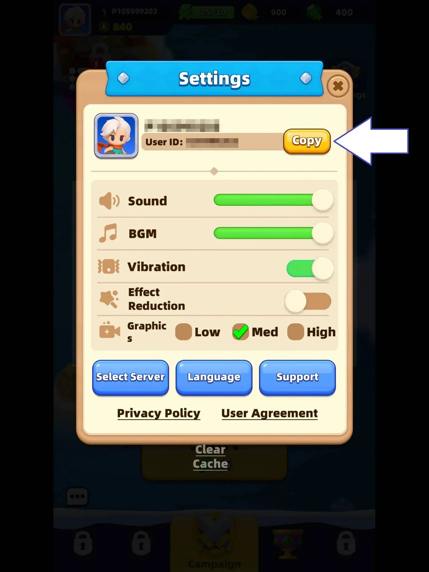 aktuelle-archero-2-codes-und-wie-man-sie-einlost_img_2 | etalongame.de Ein Screenshot von Archero 2 zeigt die Schaltfläche zum Kopieren der Benutzer-ID im Einstellungsmenü.