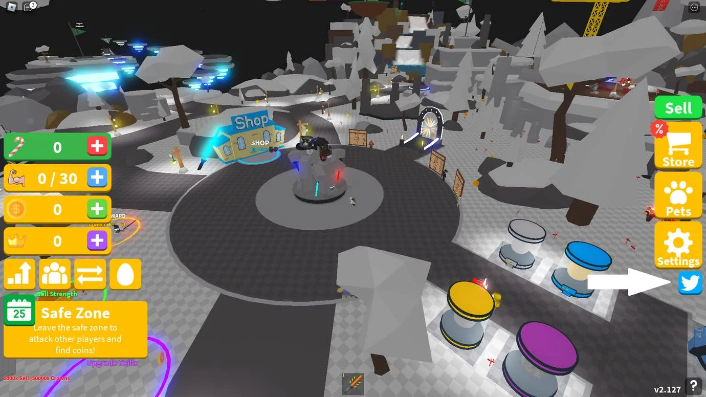 aktuelle-codes-fur-den-saber-simulator-so-losen-sie-sie-ein_img_0 | etalongame.de Pfeil markiert das Twitter-Symbol unten rechts auf dem Bildschirm