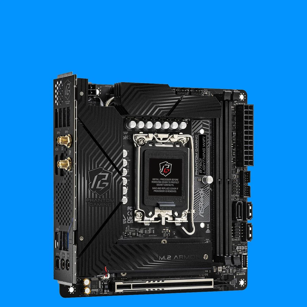 asrock-phantom-gaming-b860i-lightning-wi-fi-kompaktes-gaming-potenzial_img_11 | etalongame.de ASRock B760i Lightning WiFi auf einem blauen Hintergrund