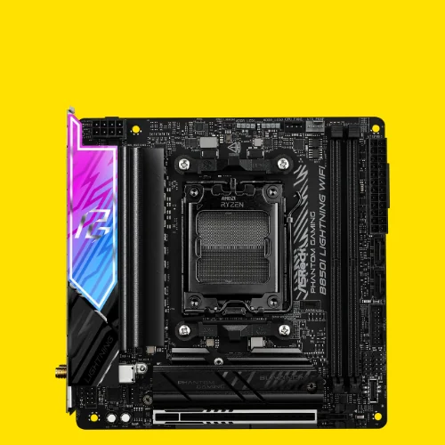 asrock-phantom-gaming-b860i-lightning-wi-fi-kompaktes-gaming-potenzial_img_7 | etalongame.de ASRock Phantom Gaming B850I Lightning Wi-Fi auf einem gelben Hintergrund