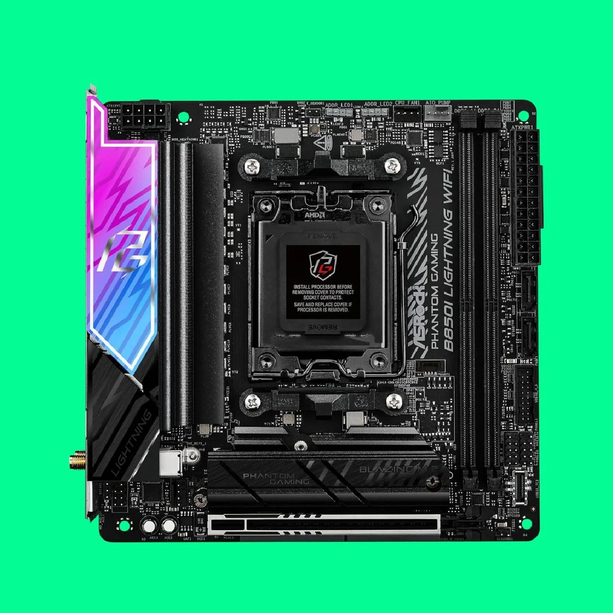 asrock-phantom-gaming-b860i-lightning-wi-fi-kompaktes-gaming-potenzial_img_9 | etalongame.de ASRock Phantom Gaming B860i Lightning Wi-Fi Motherboard auf einem grünen Hintergrund