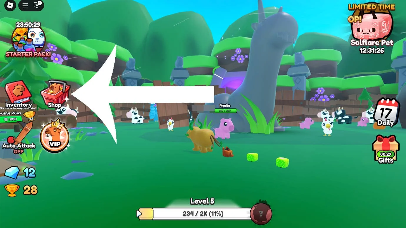 capybara-evolution-neue-codes-fur-das-roblox-spiel_img_0 | etalongame.de Ein Pfeil zeigt auf die Shop-Schaltfläche im Roblox-Spiel Capybara Evolution.