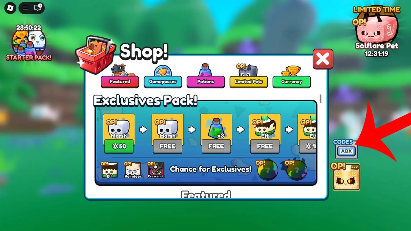 capybara-evolution-neue-codes-fur-das-roblox-spiel_img_1 | etalongame.de Ein Pfeil zeigt auf die Codes-Schaltfläche im Roblox-Spiel Capybara Evolution.