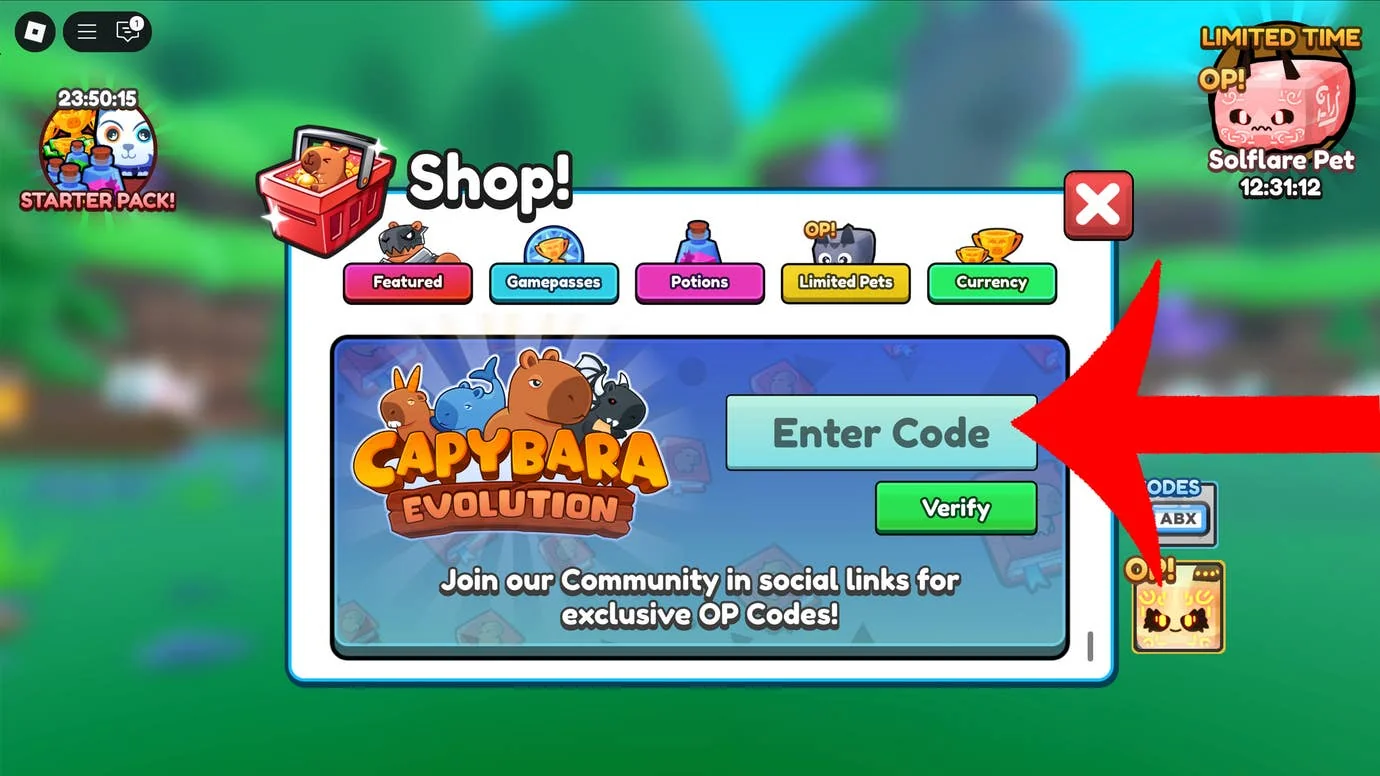 capybara-evolution-neue-codes-fur-das-roblox-spiel_img_2 | etalongame.de Ein Pfeil zeigt auf das Codes-Menü im Roblox-Spiel Capybara Evolution.
