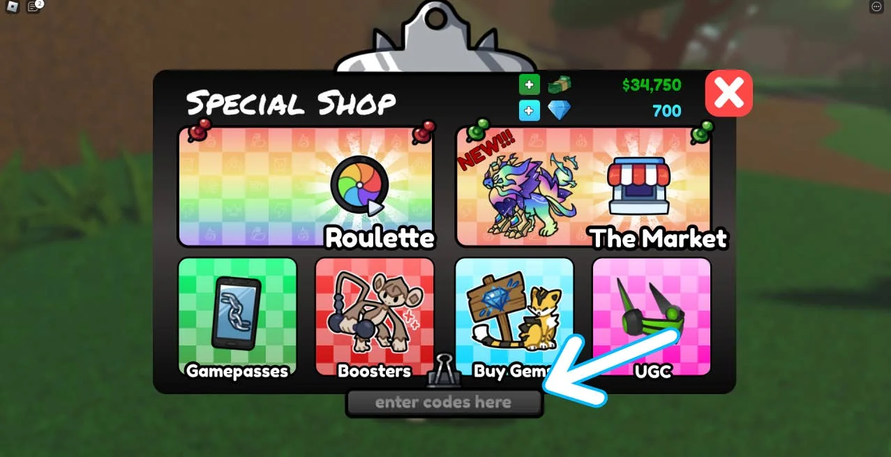 doodle-world-neue-codes-fur-juni-2025_img_1 | etalongame.de Pfeil zeigt auf die Position der Codeschaltfläche in der Mitte des Bildschirms im Roblox-Spiel Doodle World.
