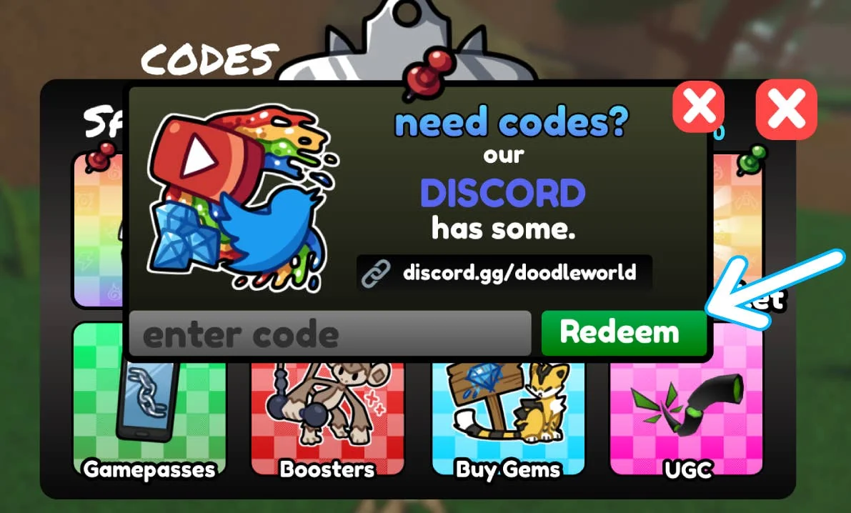doodle-world-neue-codes-fur-juni-2025_img_2 | etalongame.de Pfeil zeigt auf die Position der Einstellungs-Einlösen-Schaltfläche in der Mitte des Bildschirms im Roblox-Spiel Doodle World.