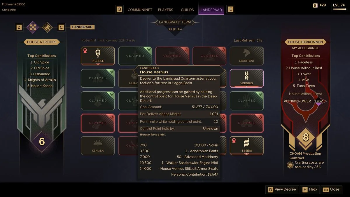dune-awakening-ein-abenteuer-in-der-wuste_img_6 | etalongame.de Ein Raster, das Landsraad-Aufgaben zeigt
