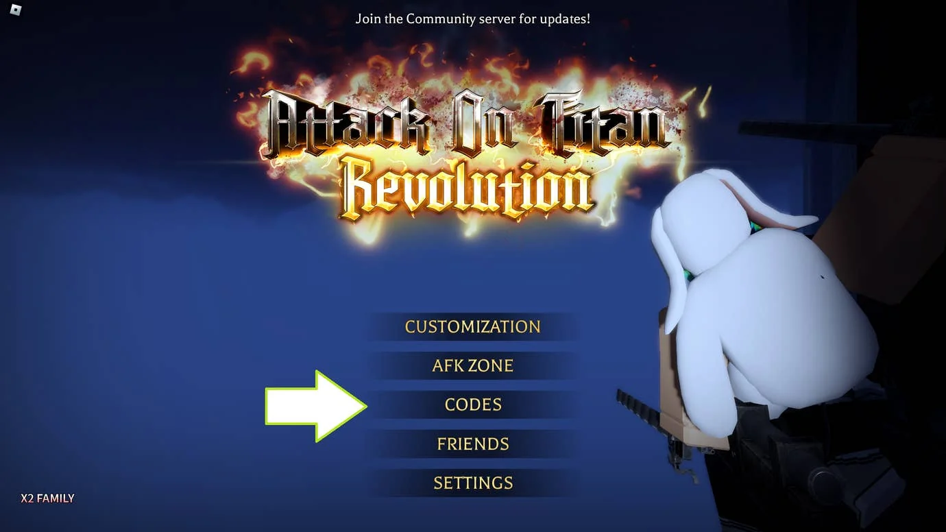 entdecke-die-neuesten-codes-fur-attack-on-titan-revolution_img_0 | etalongame.de Ein Screenshot aus Attack on Titan Revolution in Roblox, der den Codes-Button des Spiels zeigt.