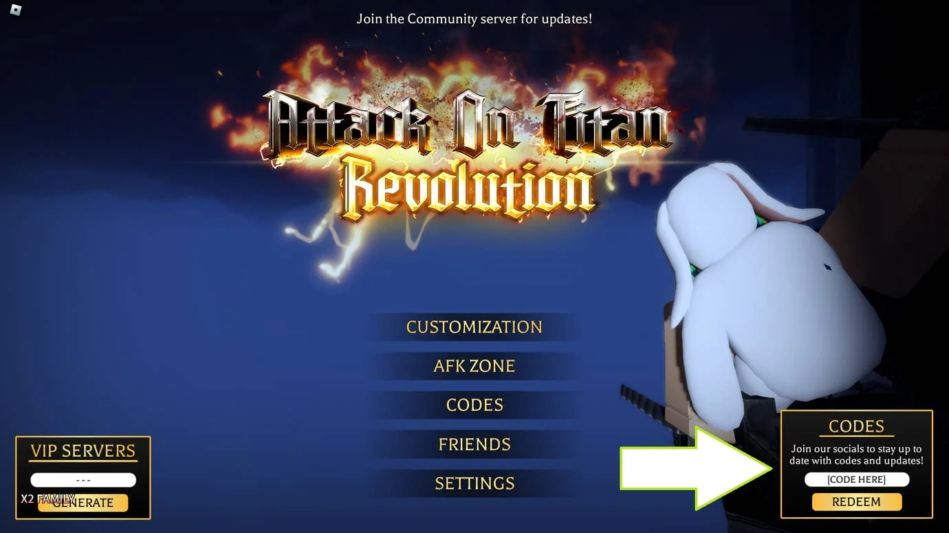 entdecke-die-neuesten-codes-fur-attack-on-titan-revolution_img_1 | etalongame.de Ein Screenshot aus Attack on Titan Revolution in Roblox, der das Codes-Popup des Spiels zeigt.