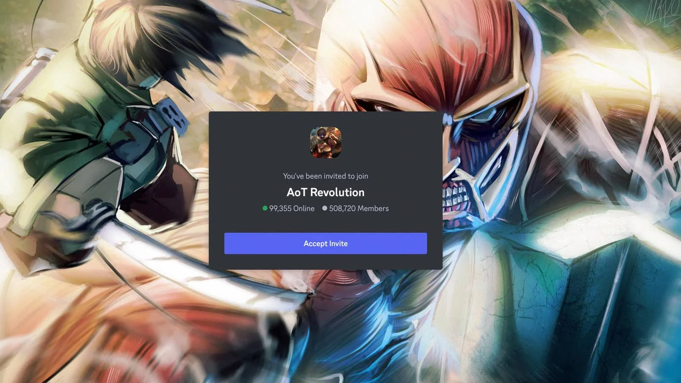entdecke-die-neuesten-codes-fur-attack-on-titan-revolution_img_2 | etalongame.de Eine Discord-Seite mit einer Einladung zum offiziellen Attack on Titan Revolution-Server.
