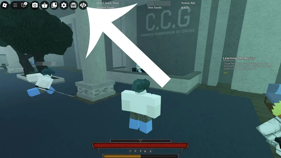 ghoul-re-aktuelle-codes-fur-das-roblox-spiel_img_0 | etalongame.de Ein Pfeil zeigt auf den Codes-Button im Roblox-Spiel Ghoul Re.