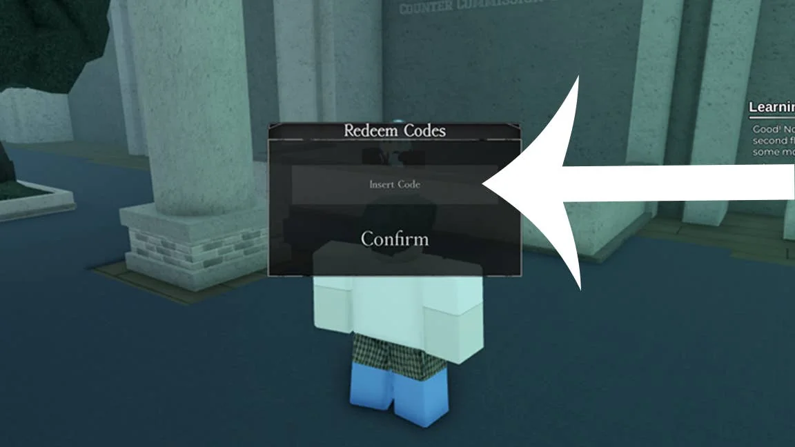 ghoul-re-aktuelle-codes-fur-das-roblox-spiel_img_1 | etalongame.de Ein Pfeil zeigt auf das Codes-Menü im Roblox-Spiel Ghoul Re.