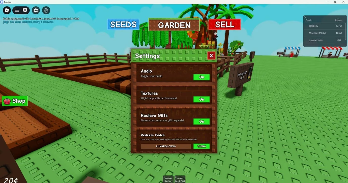 grow-a-garden-in-roblox-alles-uber-codes-und-wie-man-sie-einlost_img_0 | etalongame.de Die Einstellungsseite von Grow a Garden mit einer Demonstration der Code-Einlösungsfunktion, vor einem Hintergrund aus lego-ähnlichem Gras in Roblox.