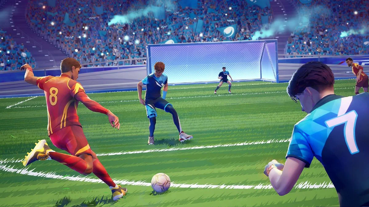 rematch-ein-spannendes-strassenfussballerlebnis-von-sloclap_img_0 | etalongame.de Rematch-Kunst zeigt einen Fußballspieler, der sich auf einen Torschuss vorbereitet