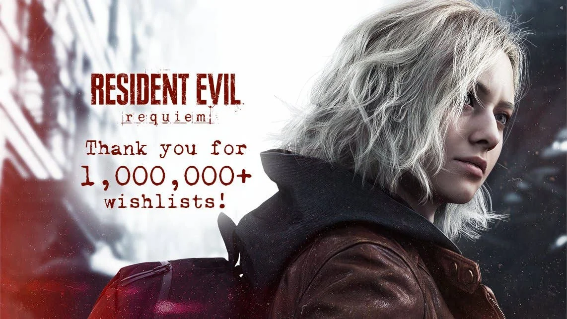 Resident Evil Requiem Infografik zeigt 1 Mio. Wunschlisten neben einem Bild von Grace