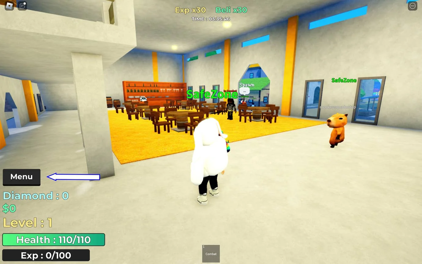 rock-fruit-neue-codes-und-wie-man-sie-einlost_img_0 | etalongame.de Ein Screenshot aus Rock Fruit in Roblox, der den Menü-Button des Spiels zeigt.