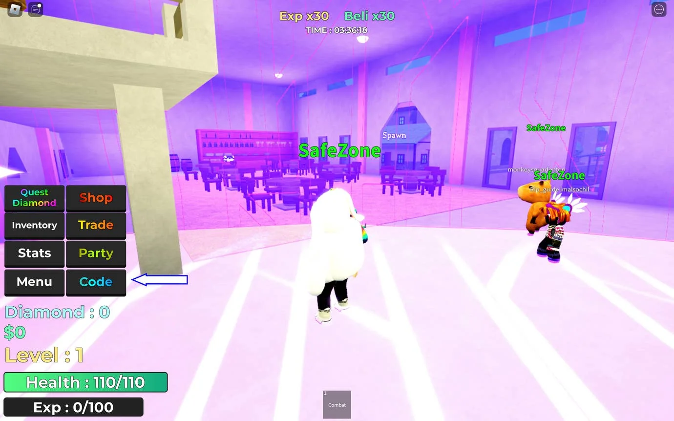 rock-fruit-neue-codes-und-wie-man-sie-einlost_img_1 | etalongame.de Ein Screenshot aus Rock Fruit in Roblox, der den Codes-Button des Spiels zeigt.