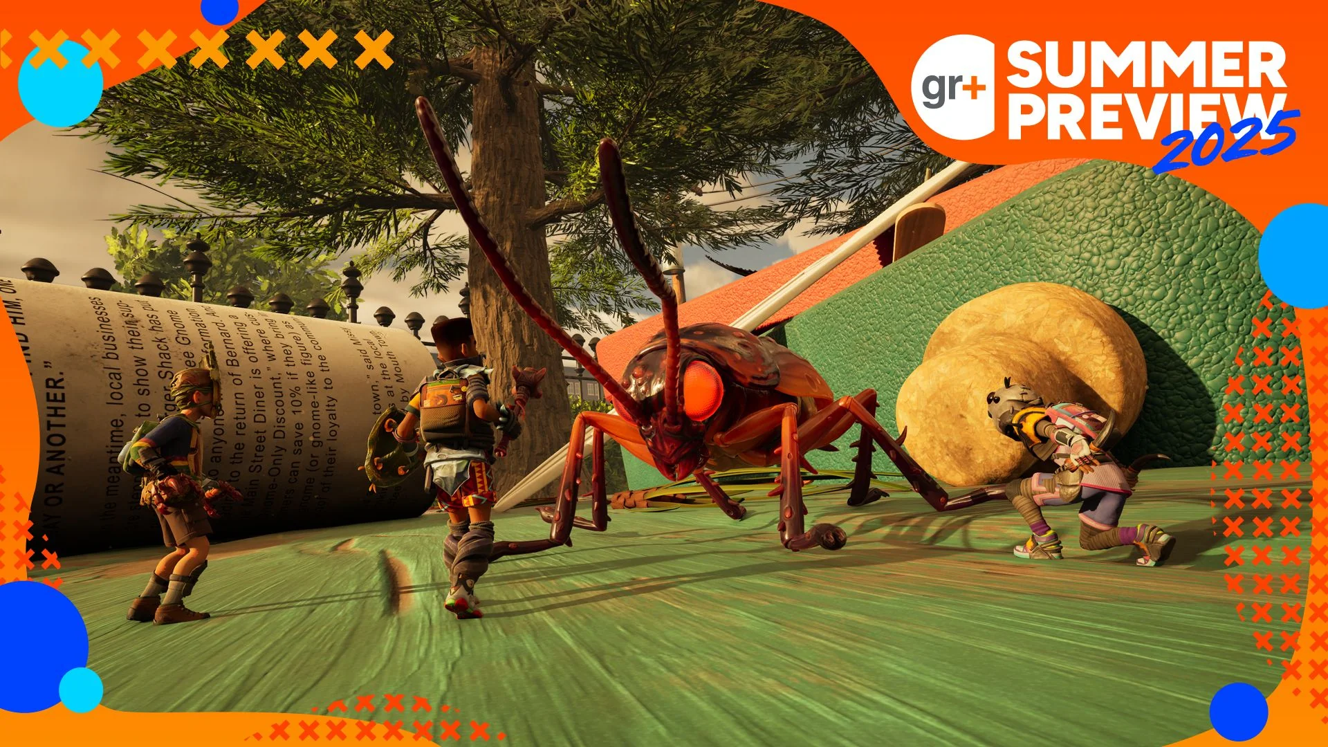 rog-xbox-ally-x-ein-blick-auf-die-zukunft-der-xbox-hardware_img_16 | etalongame.de Grounded 2 Screenshot, der vier Spieler zeigt, die gegen ein riesiges Insekt kämpfen. Bild hat GR+ Sommer-Vorschau Branding.