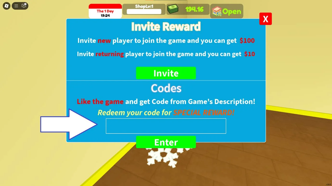 supermarket-simulator-alle-aktuellen-codes-und-wie-man-sie-einlost_img_1 | etalongame.de Ein Screenshot von Supermarket Simulator in Roblox, der das Codes-Feld des Spiels zeigt.