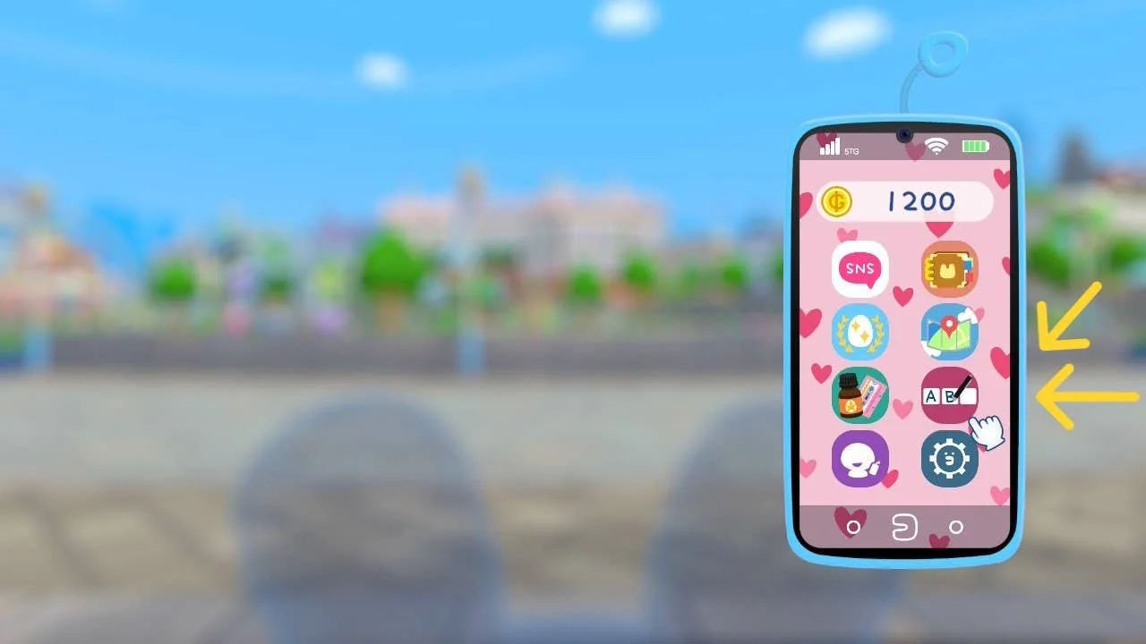 tamagotchi-plaza-alle-aktuellen-geschenkcodes-und-wie-man-sie-einlost_img_0 | etalongame.de Der Spieler schaut auf sein Smartphone in Tamagotchi Plaza, mit der Codes-App gekennzeichnet
