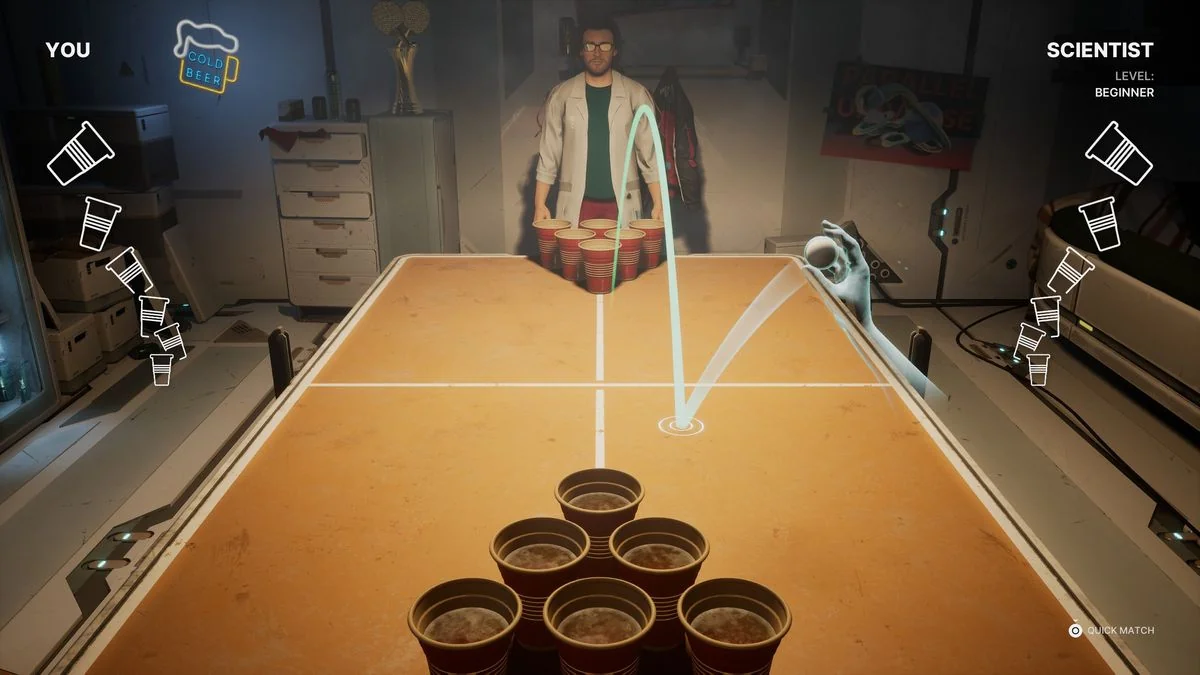 the-alters-ein-spannendes-abenteuer-mit-klonen-und-herausforderungen_img_3 | etalongame.de The Alters Gameplay-Screenshot zeigt Jan beim Bierpong gegen Wissenschaftler Jan