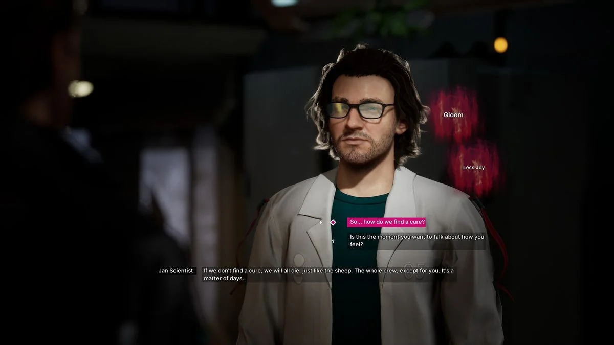 the-alters-ein-spannendes-abenteuer-mit-klonen-und-herausforderungen_img_4 | etalongame.de The Alters Screenshot von Jan Scientist, der sagt: "Wenn wir kein Heilmittel finden, werden wir alle sterben, genau wie die Schafe. Die ganze Crew, außer dir. Es ist eine Frage von Tagen."