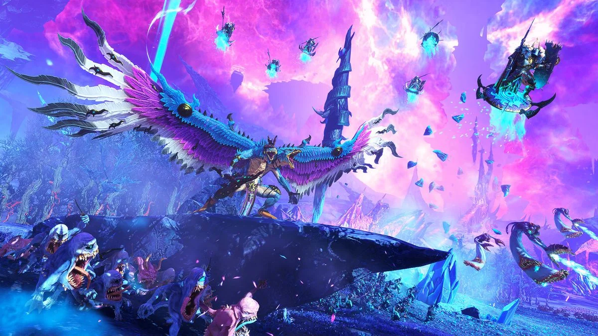 total-war-warhammer-3-erhalt-umfassendes-update-fur-magische-gegenstande_img_0 | etalongame.de Total War: Warhammer 3 Chaos-Reich mit Kairos Schicksalsweber auf einem Felsen.