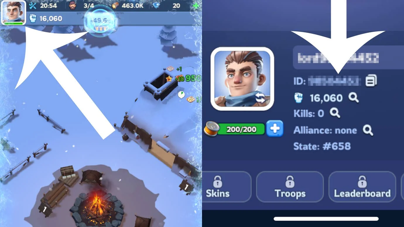 whiteout-survival-neue-codes-und-wie-man-sie-einlost_img_0 | etalongame.de Pfeile zeigen auf die Schaltflächen, die Spieler drücken müssen, um ihre Spieler-ID in Whiteout Survival zu finden.