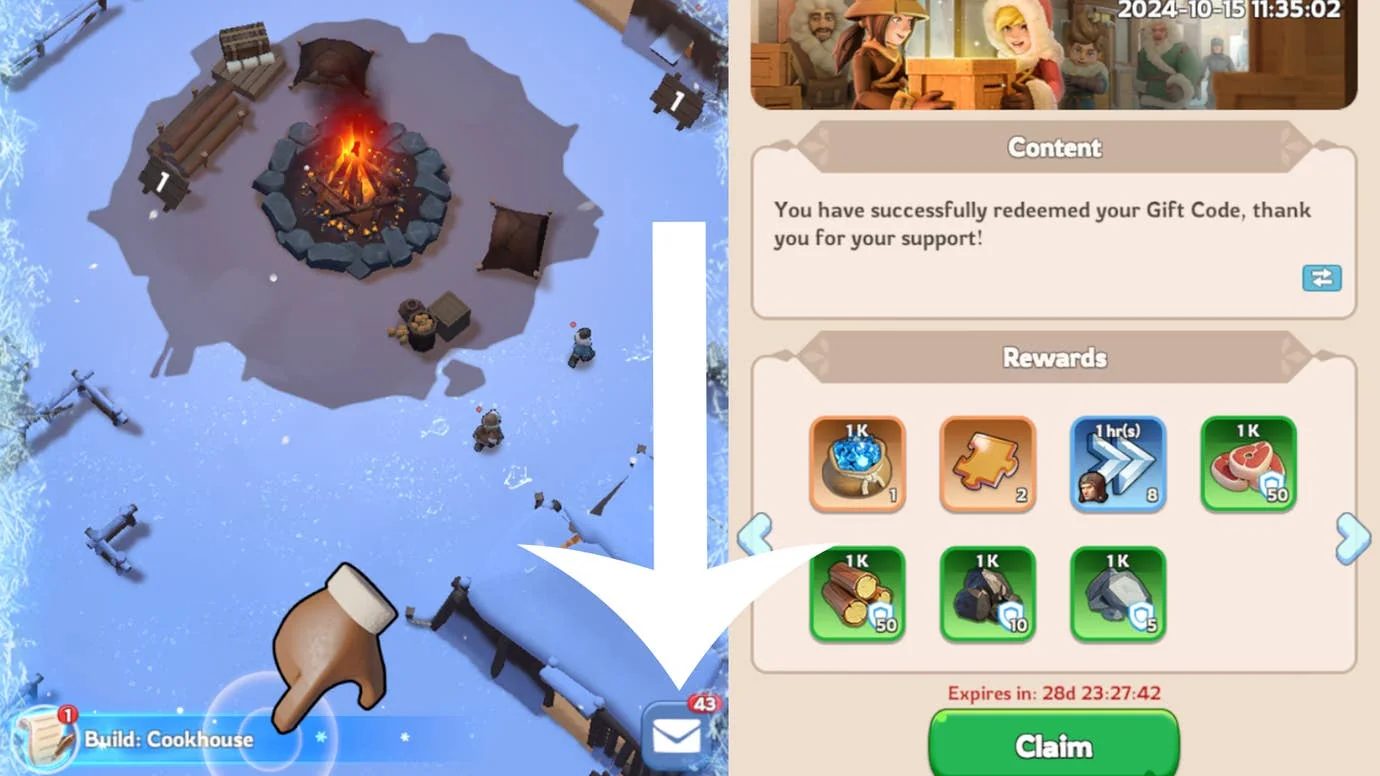 whiteout-survival-neue-codes-und-wie-man-sie-einlost_img_2 | etalongame.de Pfeil zeigt auf die Schaltfläche Mail in Whiteout Survival und den Posteingang, der zum Einlösen von Geschenkcode-Belohnungen verwendet wird.