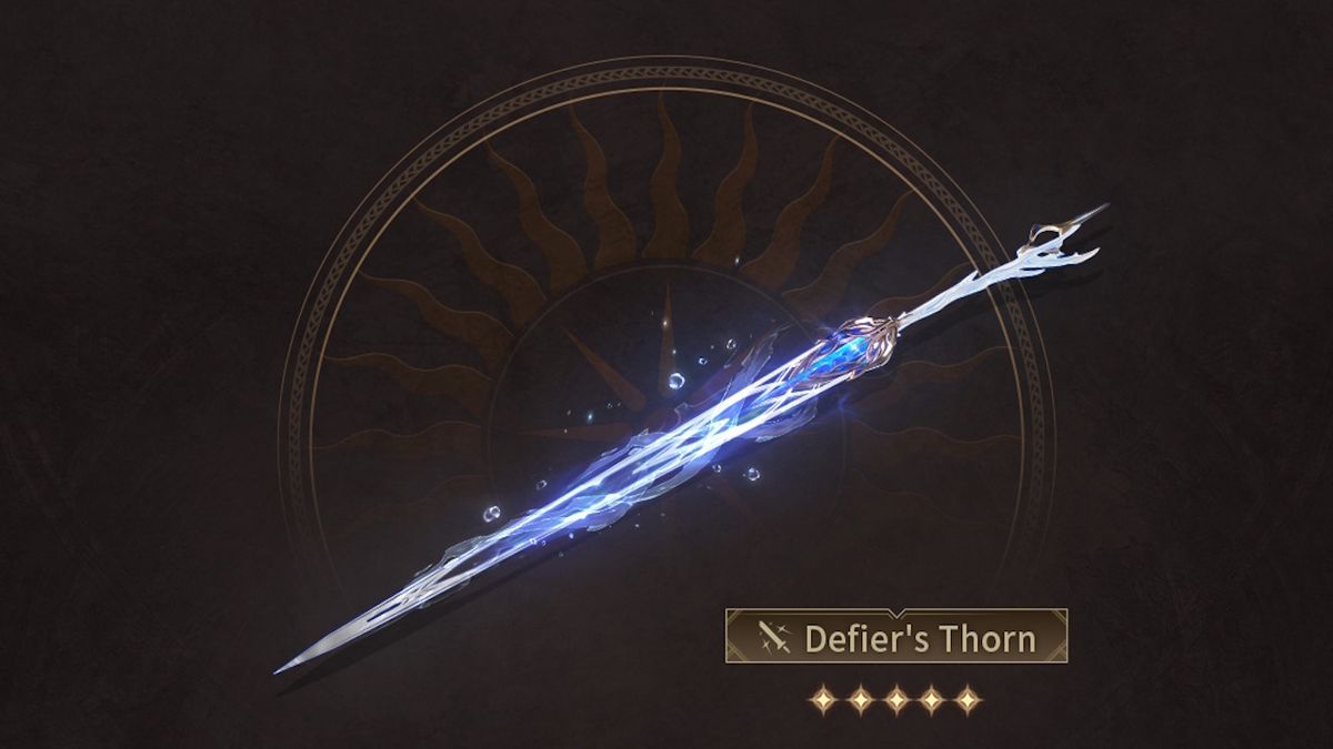 Das Defier's Thorn Schwert vom nächsten Wuthering Waves Waffenbanner. Es ist lang, fast wie ein Rapier, mit blauen und silbernen Details. Es hat auch einen wässrigen, blasenartigen Effekt, der davon ausgeht.