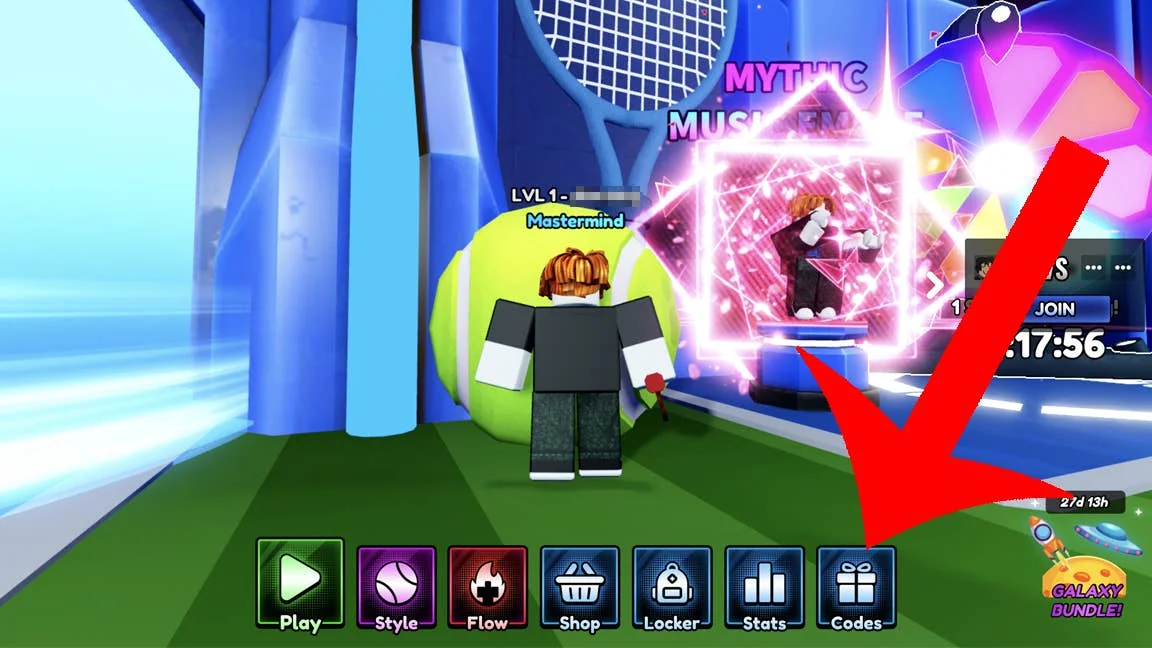 aktuelle-tennis-zero-codes-fur-kostenlose-yen-und-spins_img_0 | etalongame.de Ein Pfeil, der auf die Codes-Schaltfläche im Roblox-Spiel Tennis Zero zeigt.