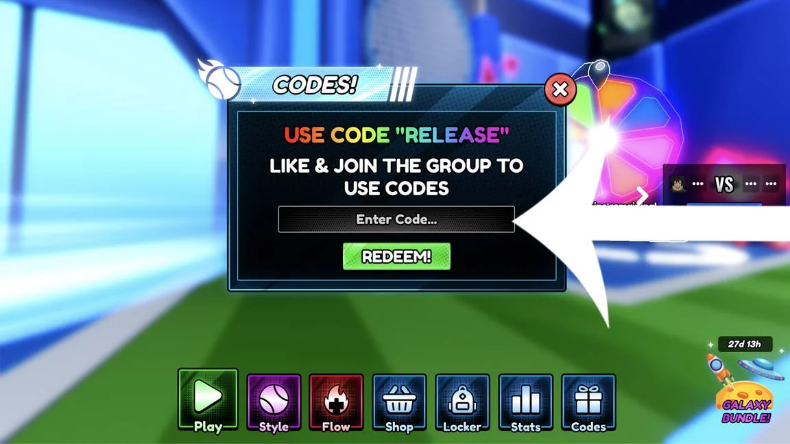 aktuelle-tennis-zero-codes-fur-kostenlose-yen-und-spins_img_1 | etalongame.de Ein Pfeil, der auf das Codes-Menü im Roblox-Spiel Tennis Zero zeigt.