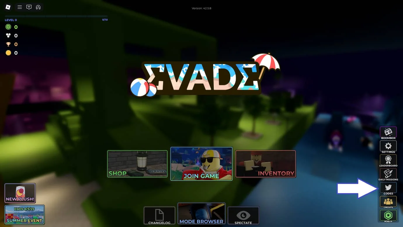 alle-aktuellen-und-abgelaufenen-evade-codes-fur-roblox_img_0 | etalongame.de Ein Screenshot von Evade in Roblox, der die Codes-Schaltfläche des Spiels zeigt.