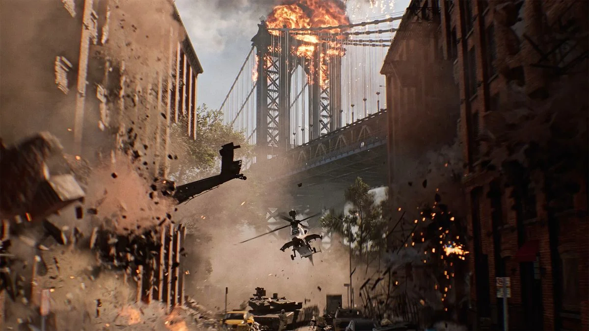 battlefield-6-multiplayer-enthullung-alles-was-sie-wissen-mussen_img_0 | etalongame.de Battlefield 6 Screenshot zeigt einen Hubschrauber, der in ein Gebäude stürzt, während im Hintergrund eine Brücke explodiert