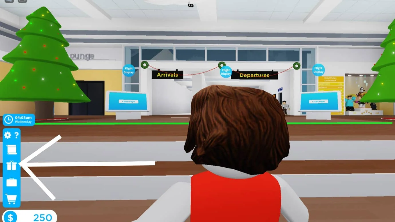 cabin-crew-simulator-aktuelle-codes-und-wie-man-sie-einlost_img_0 | etalongame.de Roblox Cabin Crew Simulator, ein weißer Pfeil zeigt auf das Geschenksymbol auf der linken Seite des Bildschirms.
