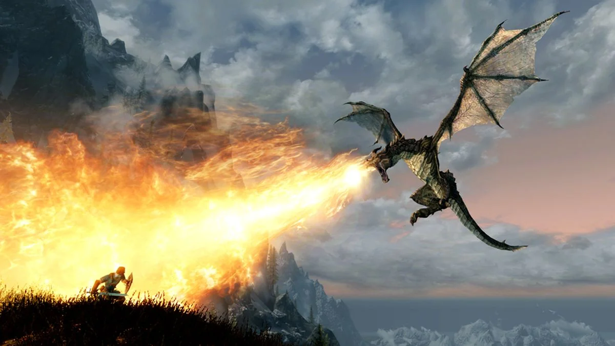 das-schicksal-des-aldmeri-dominions-in-the-elder-scrolls-6_img_2 | etalongame.de Ein Drache attackiert einen Mann mit einem Schild in Skyrim