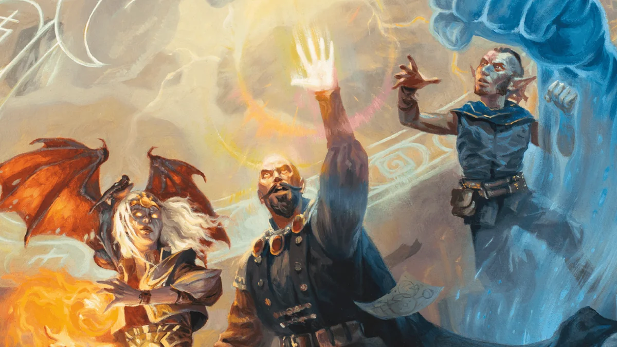 dd-2024-anderungen-fur-die-hexblade-klasse_img_0 | etalongame.de Mehrere Magier beschwören mächtige Zauber im Spielerhandbuch von Dungeons & Dragons 2024.