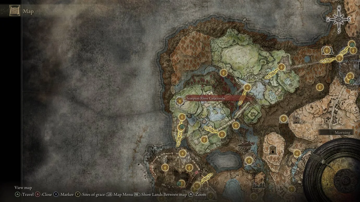die-besten-geisteraschen-im-elden-ring-dlc-shadow-of-the-erdtree_img_4 | etalongame.de Skorpionfluss-Katakomben - wo sich die Asche von Schwarzer Ritter Huw befindet - wird auf der Karte in Elden Ring's Shadow of the Erdtree DLC gezeigt