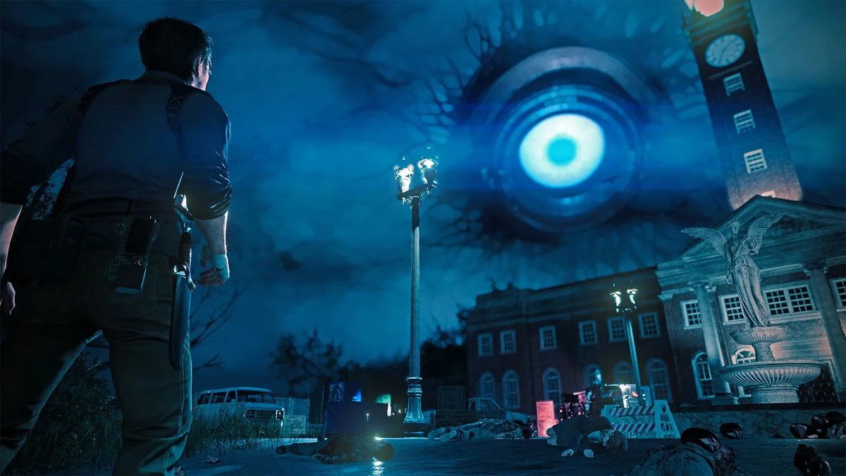 die-besten-japanischen-horrorspiele-eine-liste-der-gruseligsten-erlebnisse_img_5 | etalongame.de Sebastian blickt in The Evil Within 2 auf ein riesiges Auge über einem Krankenhaus