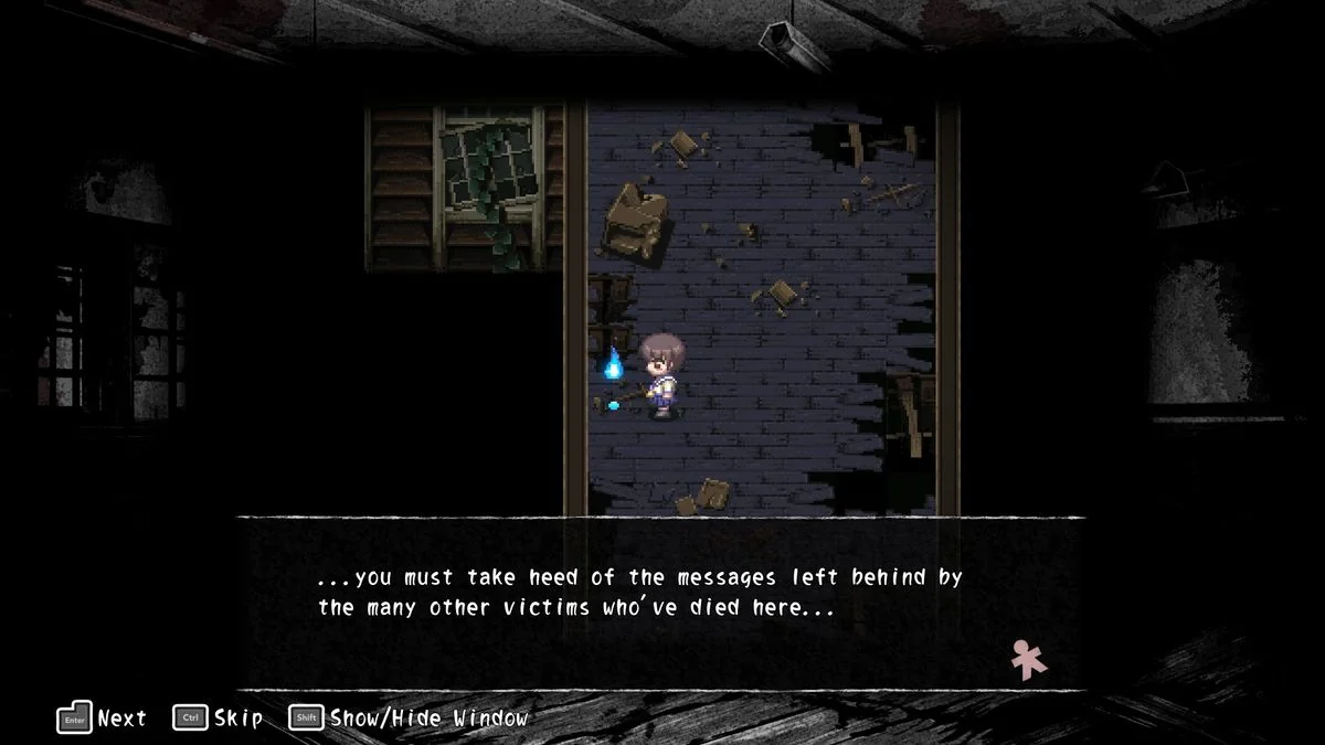 die-besten-japanischen-horrorspiele-eine-liste-der-gruseligsten-erlebnisse_img_7 | etalongame.de Erkundung eines Schulflurs in Corpse Party 2021 und das Finden eines Echos von jemandem, der dort gestorben ist