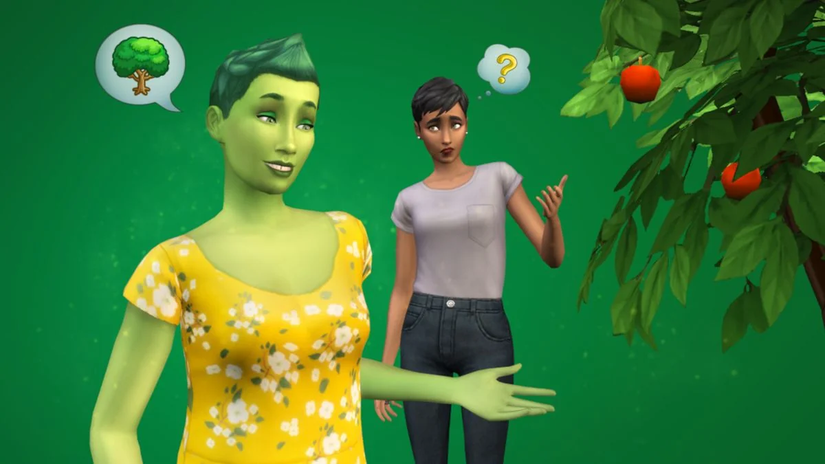 die-besten-sims-4-okkulten-von-den-schlechtesten-zu-den-besten_img_1 | etalongame.de Ein Screenshot eines Pflanzen-Sims und eines normalen Sims, die einen Apfelbaum in Die Sims 4 betrachten.