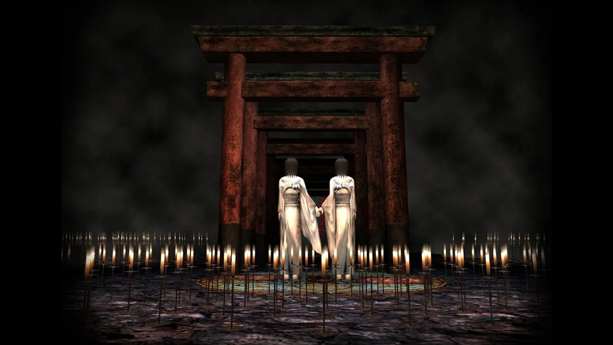 die-einzigartige-atmosphare-von-fatal-frame-eine-reise-in-die-welt-des-japanischen-horrors_img_12 | etalongame.de Zwillinge stehen vor einem Schrein-Tor in Fatal Frame 2: Crimson Butterfly