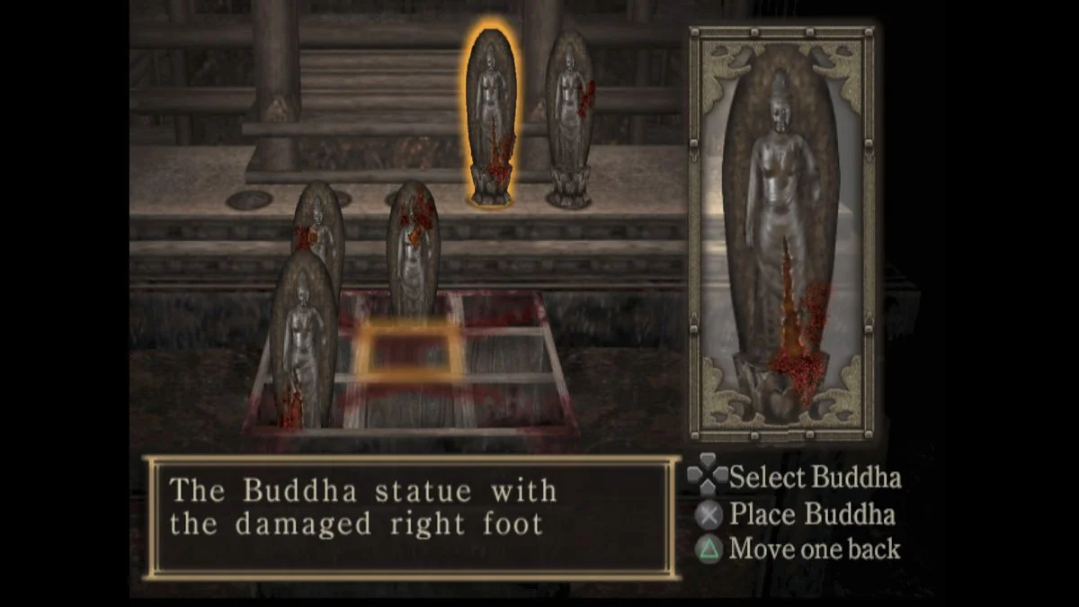die-einzigartige-atmosphare-von-fatal-frame-eine-reise-in-die-welt-des-japanischen-horrors_img_5 | etalongame.de Lösen eines Rätsels in Fatal Frame (auch bekannt als Project Zero), bei dem Buddha-Statuen auf einem Raster auf der PS2 platziert werden müssen