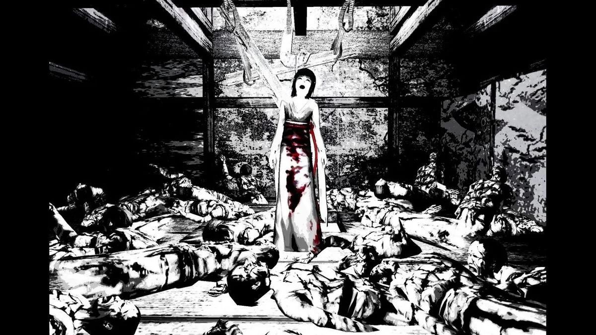 die-einzigartige-atmosphare-von-fatal-frame-eine-reise-in-die-welt-des-japanischen-horrors_img_7 | etalongame.de Sae schreit in Schwarzweiß umgeben von Körpern in Fatal Frame 2: Crimson Butterfly