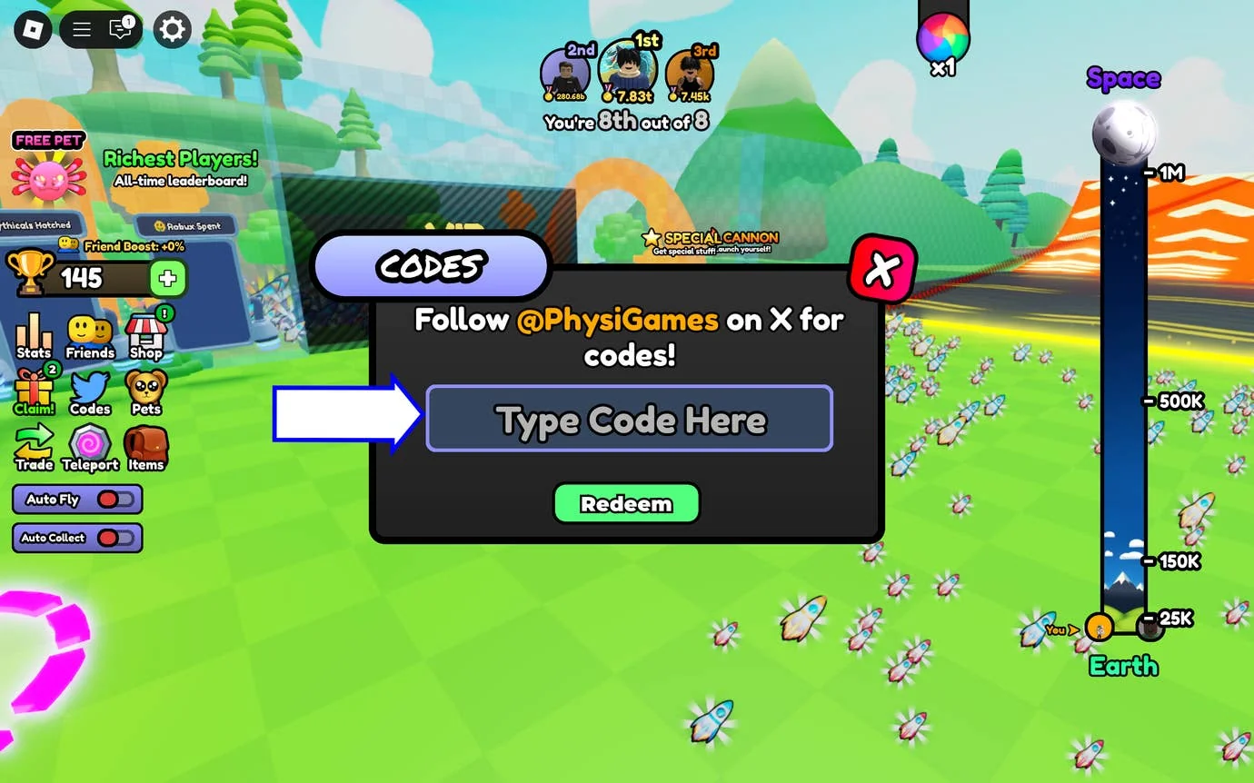 fly-to-space-codes-alle-aktuellen-und-abgelaufenen-codes-in-roblox_img_1 | etalongame.de Ein Screenshot von Fly to Space in Roblox, der den Codes-Bildschirm des Spiels zeigt.