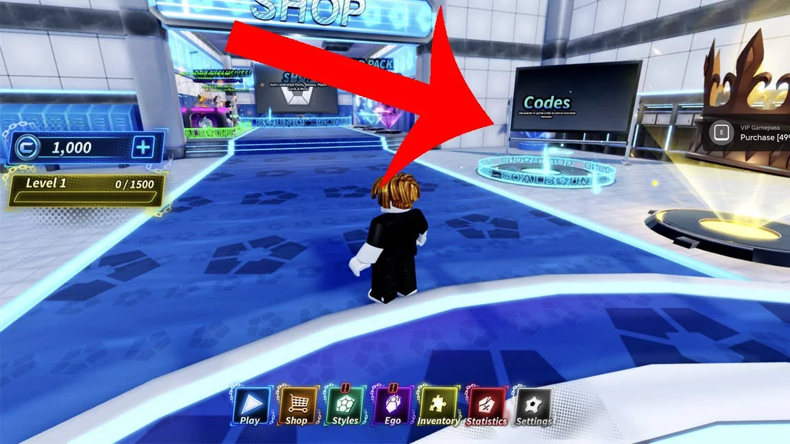 goalbound-codes-alle-aktuellen-codes-und-wie-man-sie-einlost_img_0 | etalongame.de Pfeil zeigt auf den Bereich, den Spieler in der Goalbound-Lobby aufsuchen müssen, um Codes einzulösen.