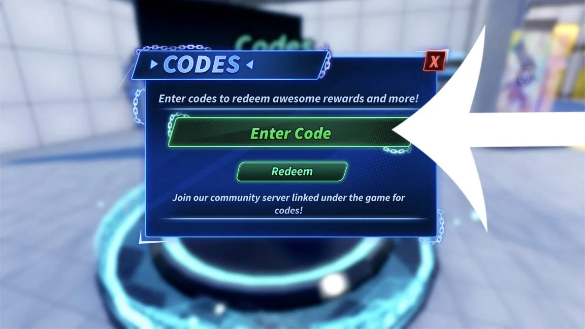 goalbound-codes-alle-aktuellen-codes-und-wie-man-sie-einlost_img_1 | etalongame.de Pfeil zeigt auf das Codes-Menü im Roblox-Spiel Goalbound.