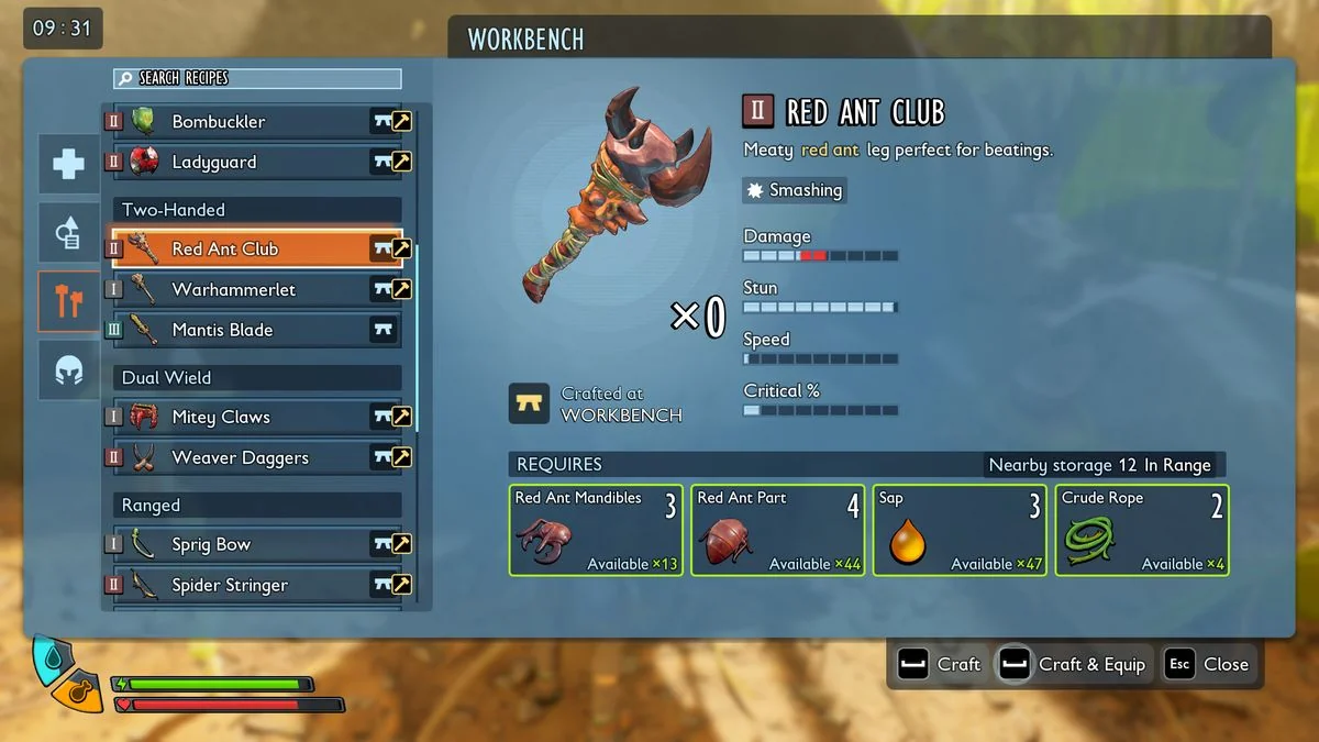 grounded-2-die-besten-waffen-und-rustungen-fur-den-kampf-gegen-gefahrliche-kreaturen_img_1 | etalongame.de Grounded 2 beste Waffen: Das Rezept für den Roten Ameisenknüppel in der Werkbank-Oberfläche.
