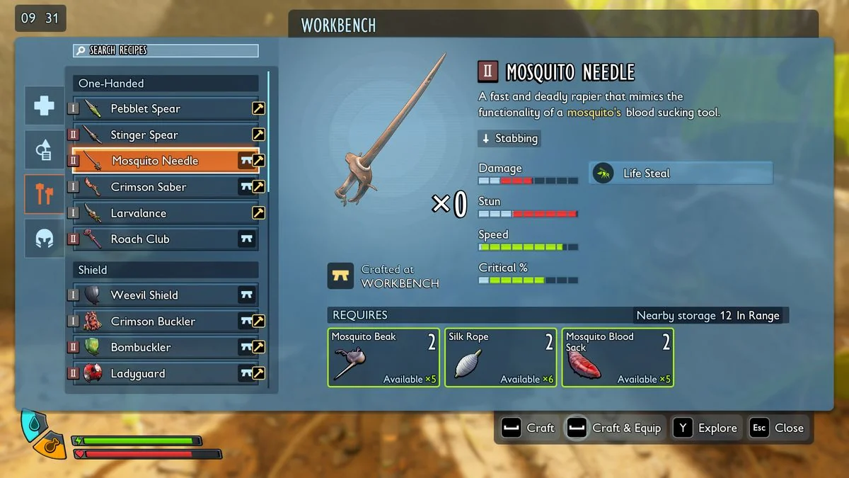 grounded-2-die-besten-waffen-und-rustungen-fur-den-kampf-gegen-gefahrliche-kreaturen_img_2 | etalongame.de Grounded 2 beste Waffen: Das Rezept für die Moskito-Nadel in der Werkbank-Oberfläche.