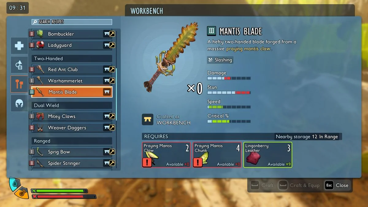 grounded-2-die-besten-waffen-und-rustungen-fur-den-kampf-gegen-gefahrliche-kreaturen_img_3 | etalongame.de Grounded 2 beste Waffen: Das Rezept für die Mantis-Klinge in der Werkbank-Oberfläche.